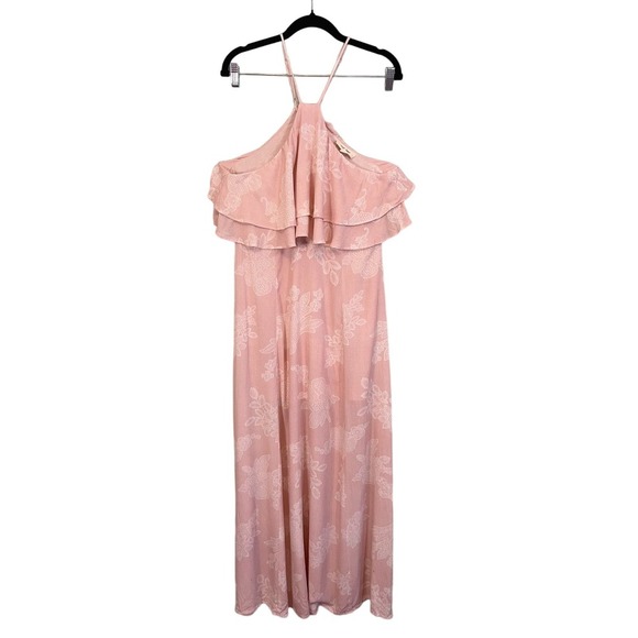 ONETHELAND Dress Womens L Off Shoulder Halter Strap Maxi Floral Lined Pink - Picture 1 of 11